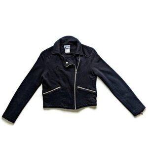 Disney Parks Black Moto Zip Sweatshirt Jacket XS FLAWS Mickey Mouse Distressed